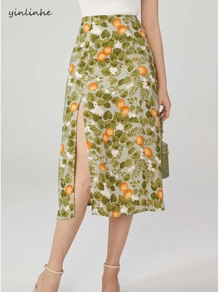 

skirts yinlinhe high waist split long skirt women french style green floral summer casual wear elegant ladies pencil 2063, Black