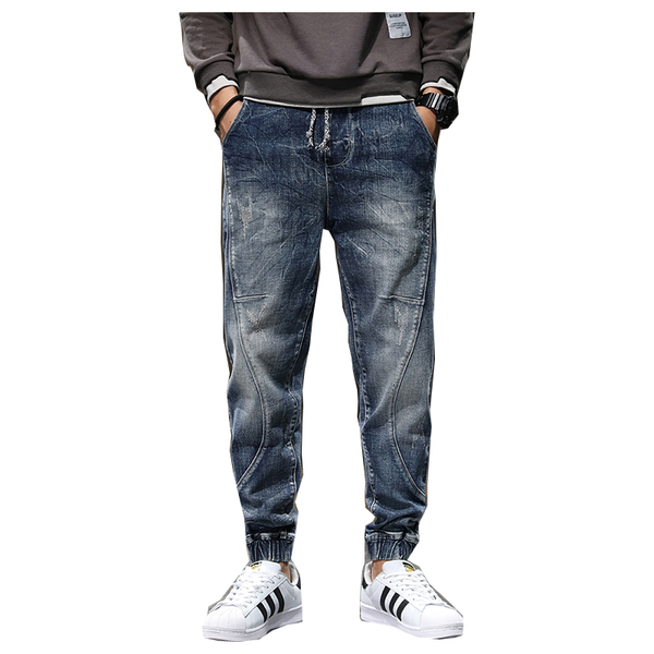 

men's pants loose jeans drawstring streetwear stretch waist casual jogging blue men, Black