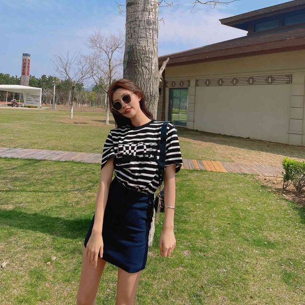 

21s spring summer new d-letter printing stripe knitting jacquard short sleeve net red loose men's and women's style, White