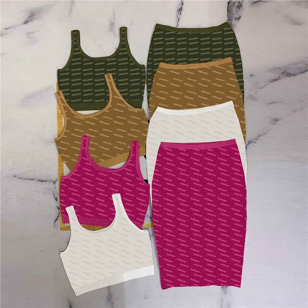 

suspender vest dresses letter jacquard high waist skirt comfortable elastic knitted skirts suit 2 piece set, Black;pink