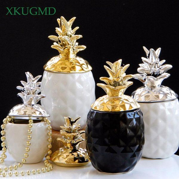 

golden silver ceramic storage jar geometric shape pineapple sculpture office deskdecoration home accessories decorative objects & figuri