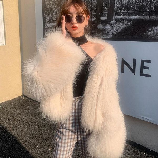 

women's fur & faux 2021 women winter imitation jackets female short v-neck outwear ladies thick warm solid color coats p627, Black