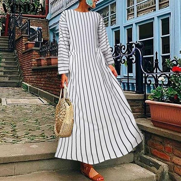

casual dresses ladies long sleeve striped dress vonda 2021 women loose maxi plus size autumn bohemian party vestidos femme robe, Black;gray