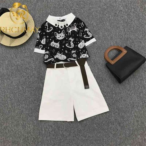 

summer two pieces set casual printing stand collar shirt + shorts fashion elegant wide leg 2 piece 210520, White