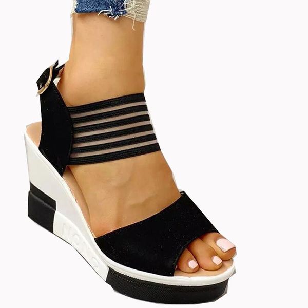 

sandals women shoes summer wedges high heels fashion ladies peep toe buckle strap stretch fabric ankle female, Black