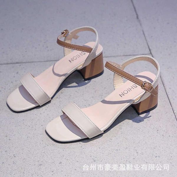 

sandals 2021 summer splicing color versatile trend thick heel casual one line buckle women's shoes, Black