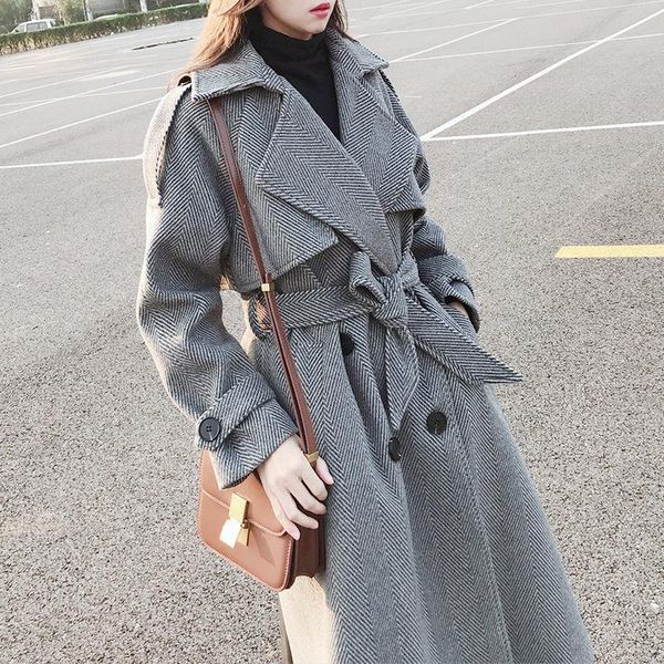 

women's wool & blends women long twill woolen coat loose oversize arrivals waistband overcoat, Black