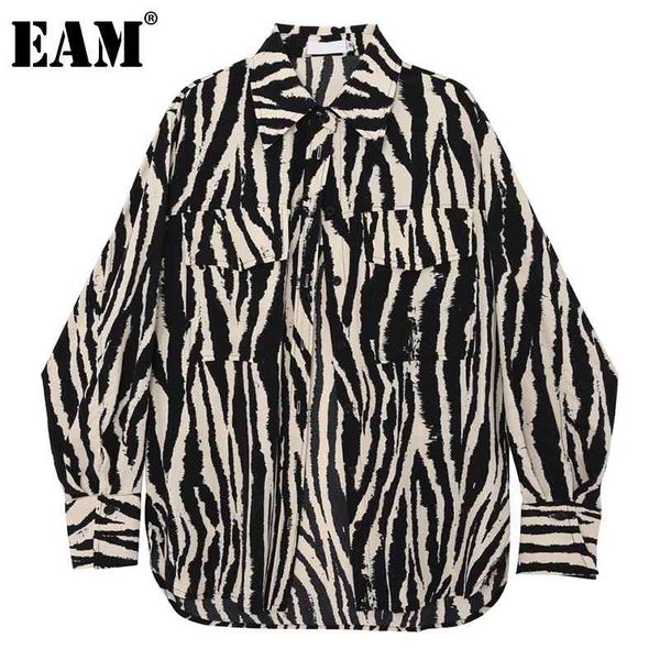 

[eam] women black big size zebra print irregular blouse lapel long sleeve loose shirt fashion spring autumn 1dd6887 21512, White