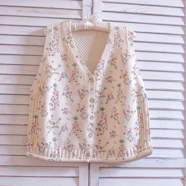 

women's knits & tees japanese mori girl vintage v-neck short knitwear vest female oversized flower cardigan harajuku knitted sweater wo, White