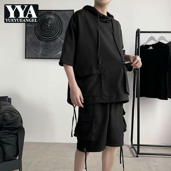 

men's tracksuits men casual suit high street hooded short sleeve pullovers loose fit cargo knee length shorts two piece set summer tra, Gray