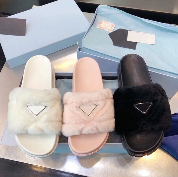 

women slippers luxurys designers winter fur fluffy furry letters sandals wool slide warm comfortable slides girl flip flop slipper, Black