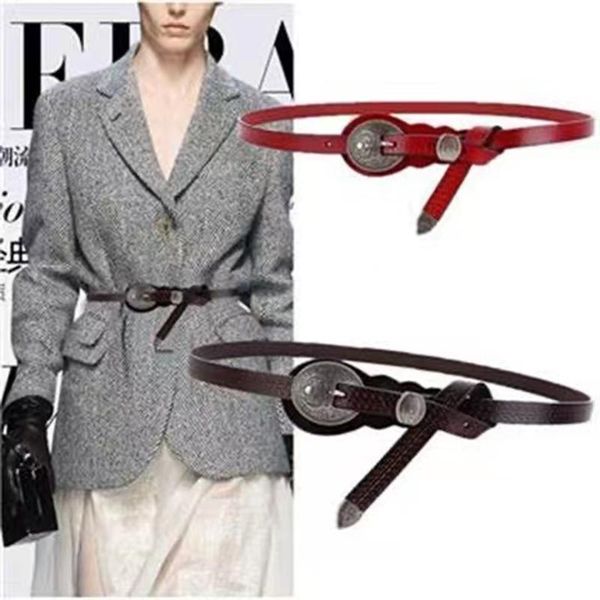 

belts ladies fashion cowhide decoration thin waistband simple and versatile vintage imitation silver double buckl coat suit belt, Black;brown