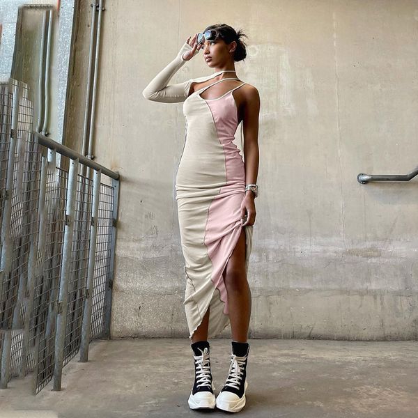 

women summer new arrival one shoulder hollow out long dresses fashion splicing dresses, Black;gray