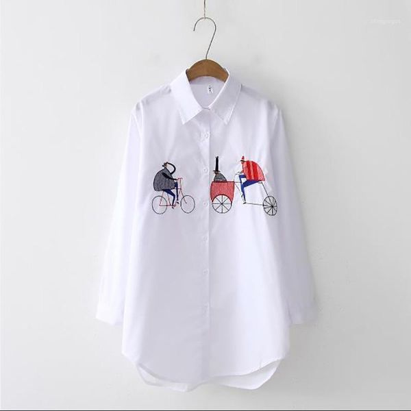 

women summer embroidery white shirt casual wear button up turn down collar long sleeve cotton fashion blouse famale 2021 women's blouse
