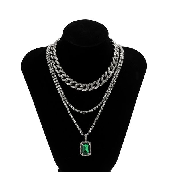 

square imitation gem claw chain pendant necklaces hip hop trend retro fashion necklace punk sweet cool diamond cuban-chain multilayer clavic, Silver