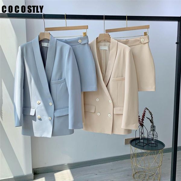 

autumn 2 piece set women blazers suits doule breasted blue blazer high waist skirt suit office lady sets two dress, White