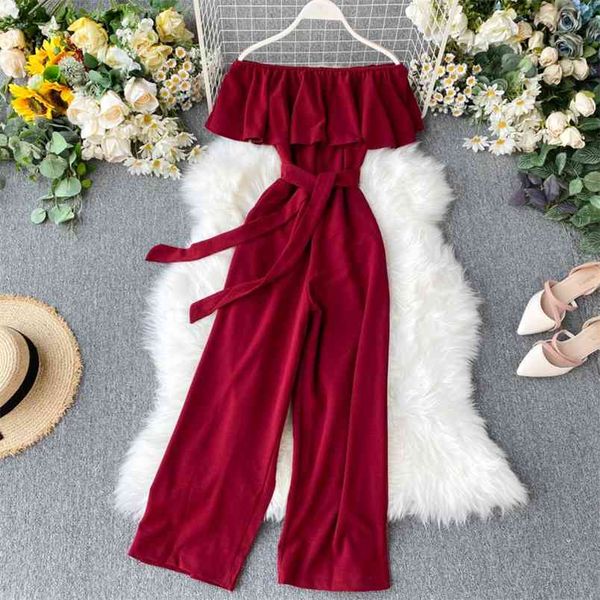 

summer women's jumpsuit one-neck off-shoulder ruffled lace-up with waist and thin high-waist wide-leg pants ll017 210506, Black;white