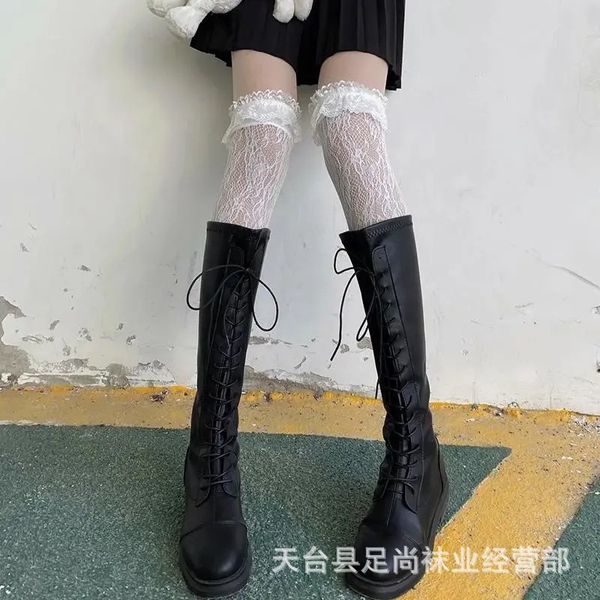 

knee boots lace black winter hollowed out female student high tube pile lolita socks, Black;white