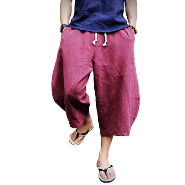 

men's pants casual men fashion cross summer loose calf-length linen solid elastic waist mens brand trousers plus size 5xl, Black