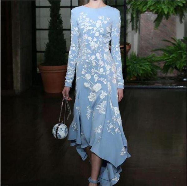 

casual dresses women's dress 2021 dovetail irregular blue print long-sleeved women, Black;gray