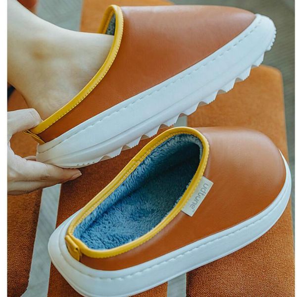 

waterproof winter cotton shoes woman outdoor wear pu leather couple slides warm plush non-slip soft bottom female slippers, Black
