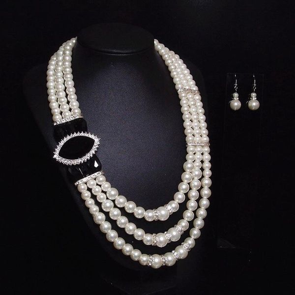 

chains cross border european and american horse eye clavicle pearl earring jewelry set white necklace, Silver