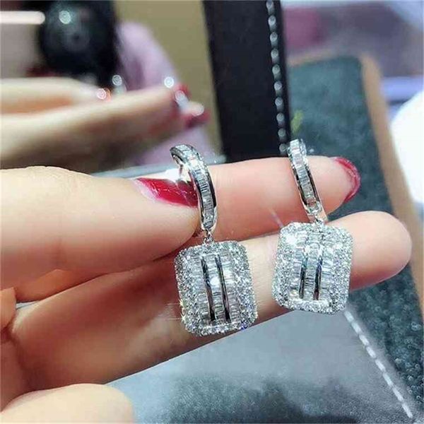

2021 original 925 sterling silver square diamond dangle earring jewelry luxury party wedding drop earrings for women bridal gift-a, Golden;silver