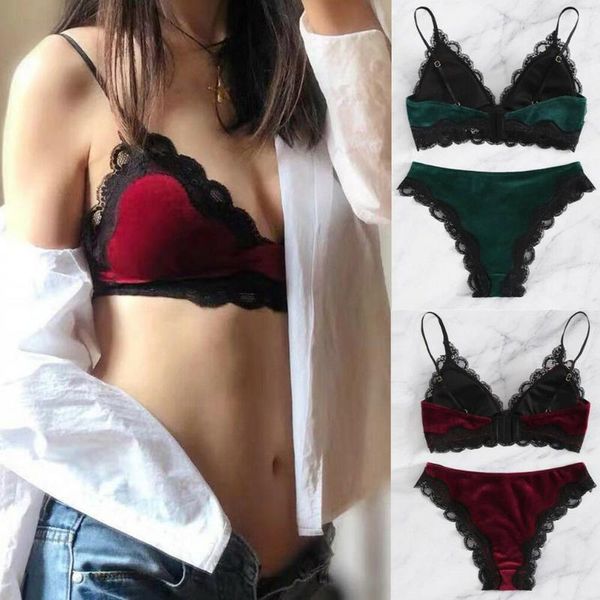 

bras sets women lingerie bra brief fashion velvet lace bra+g-string thong 2pcs set ladies sleepwear underwear nightwear, Red;black