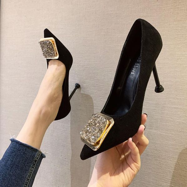 

dress shoes women pumps high heels lady suede leather crystal square buckle thick with autumn pointed single wedding female, Black