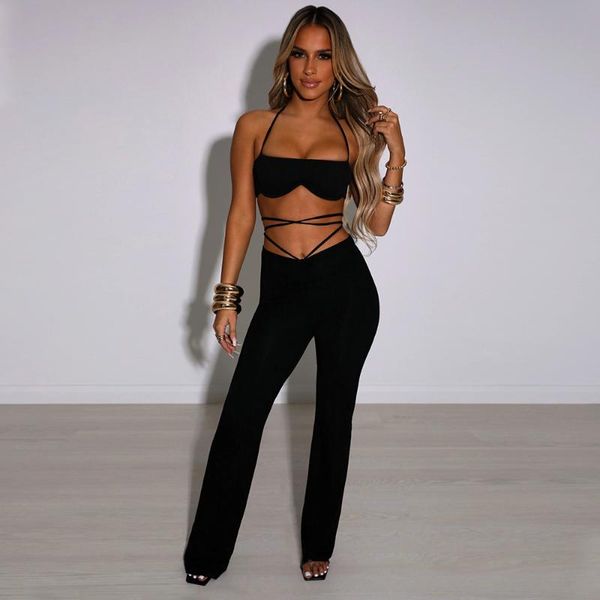 

women's two piece pants yeiteiy solid color wrap chest vest halter neck straps accessories sleeveless blouse pleated ankle trouser lady, White