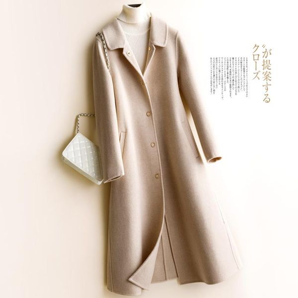 

women's wool & blends double-sided plain coat medium long twill slim thin korean women abrigos mujer invierno 2021, Black