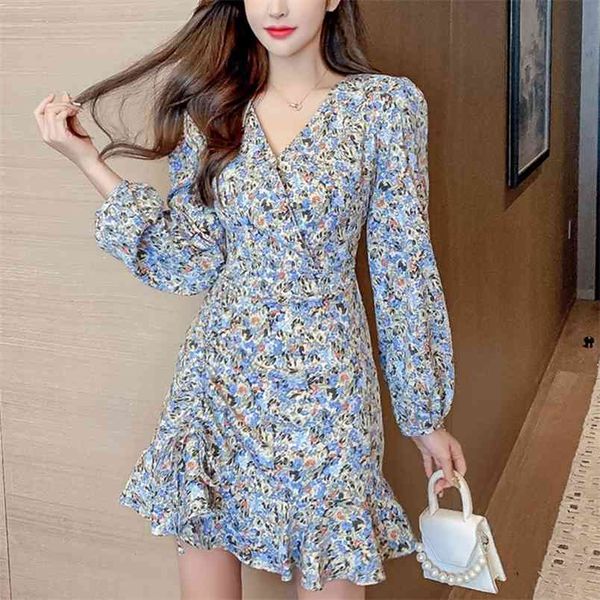 

autumn floral print mermaid mini dress women korean chic long sleeve vintage holiday boho beach christmas vestidos robe 210514, Black;gray
