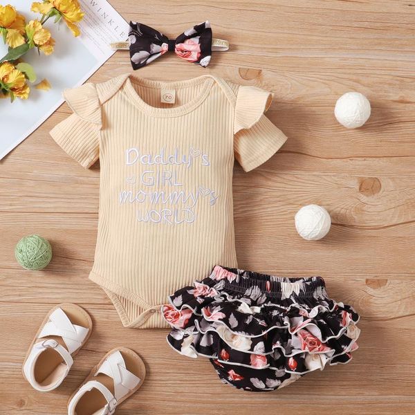 

clothing sets toddler baby girls summer casual clothes set infant ribbed letter printed sleeve romper + floral ruffled shorts headband, White