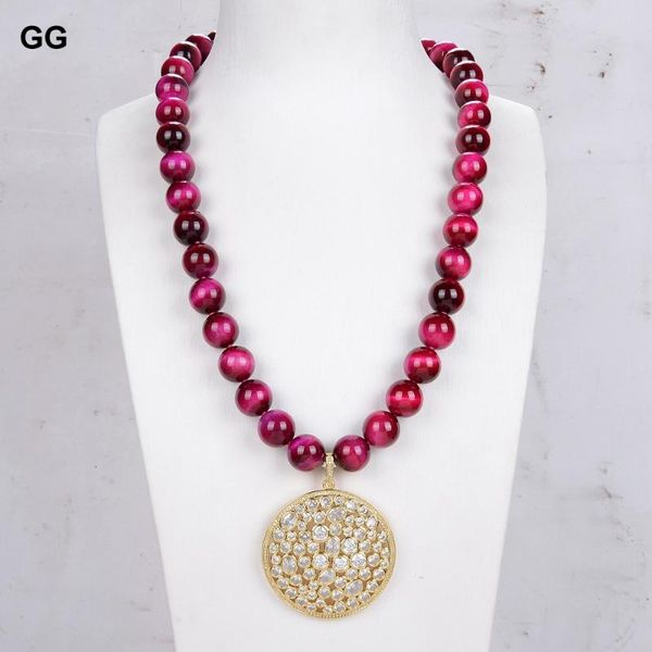

pendant necklaces jk 14mm round fuchsia red tiger eye necklace gold color plated cz pave big for women, Silver