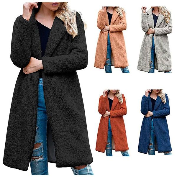 

women's wool & blends cardigan coats autumn winter loose solid color stitching long-sleeved lapel lambskin extended version warm coat, Black