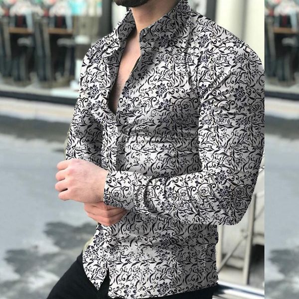 

men's casual shirts shirt navy cardigan floral lapel prinded long sleeves slim fit for daily muscle mens clothing 2021, White;black