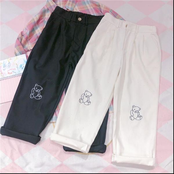 

women harajuku womens pant korean teen girls loose thin bear embroidery pants wild casual female cute japanese kawaii small fresh, Black;white
