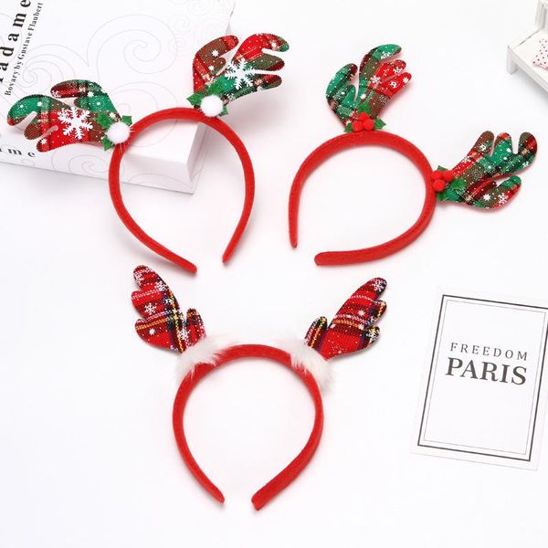 

christmas decorations elk antlers hair hoops printed grid for women kids year decor 2021 xmas party ornaments