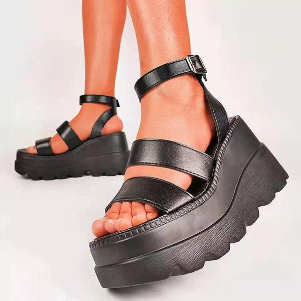 

dress shoes women chunky heels sandals 2021 summer woman platform wedges ladies buckle high female plus size women's footwear, Black