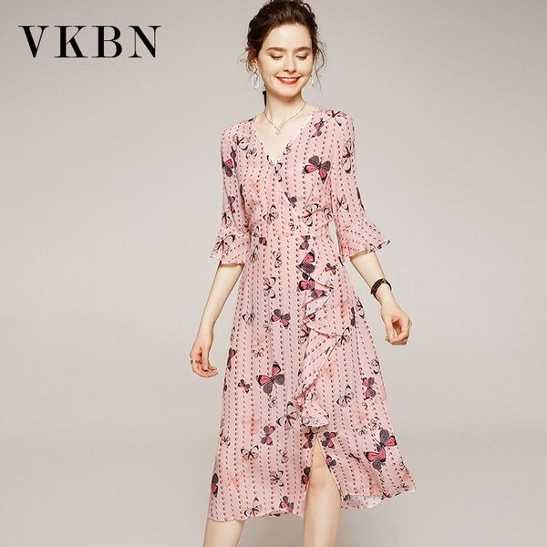 

vkbn silk summer dress office lady animal printing knee-length flare sleeve v-neck dresses women fashion clothes elegant 210507, Black;gray