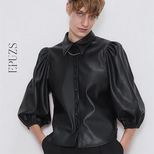 

puff sleeve blouses women fashion faux leather turn down collar shirts elegant buttons ladies shirts 210521, White