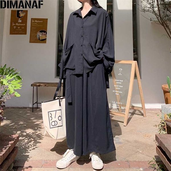 

dimanaf set suit women clothing oversize 2 piece casual long sleeve button shirts pockets loose pants solid black 211105, White