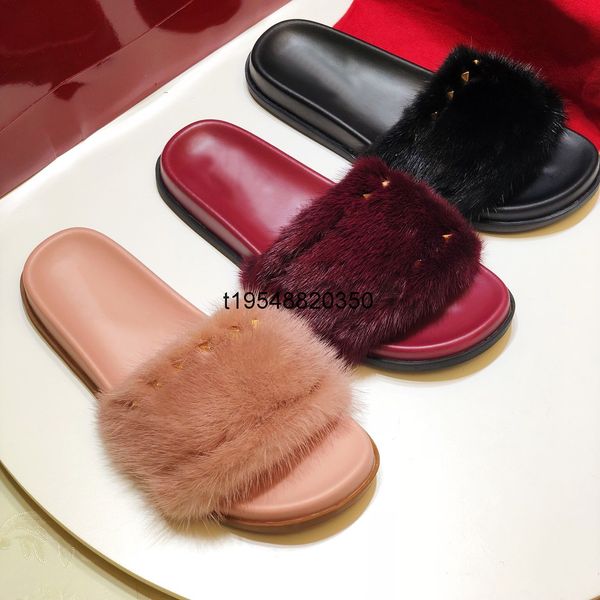 

2021 women rivet slippers genuine leather mink fur flat bottom slipper sandals fashion woman solid color casual flats slides, Black