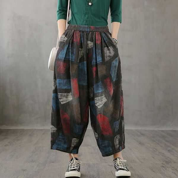 

johnature autumn retro geometric pattern print elastic waist denim wide leg pants loose casual women ankle-length pants 210521, Black;white