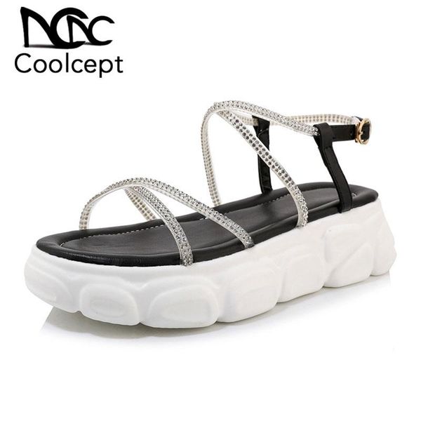 

coolcept plus size 29-46 women sandals thick bottom casual crystal shoes open toe summer outdoor patchwork mujer footwear, Black