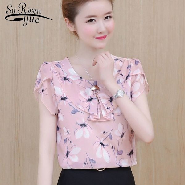 

women short shirt and chiffon blouse summer fresh printing o-neck beautiful lady op 2745 50 210521, White