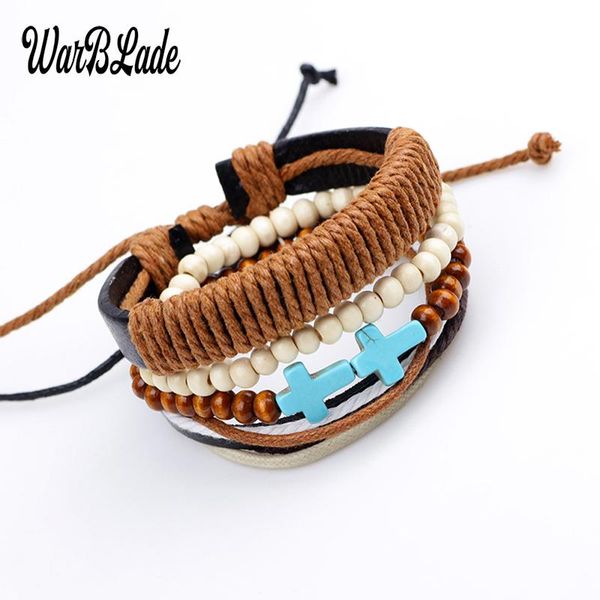 

charm bracelets warblade 2021 fashion genuine wrap leather men cross wood beads punk cuff wristband for women jewelry, Golden;silver