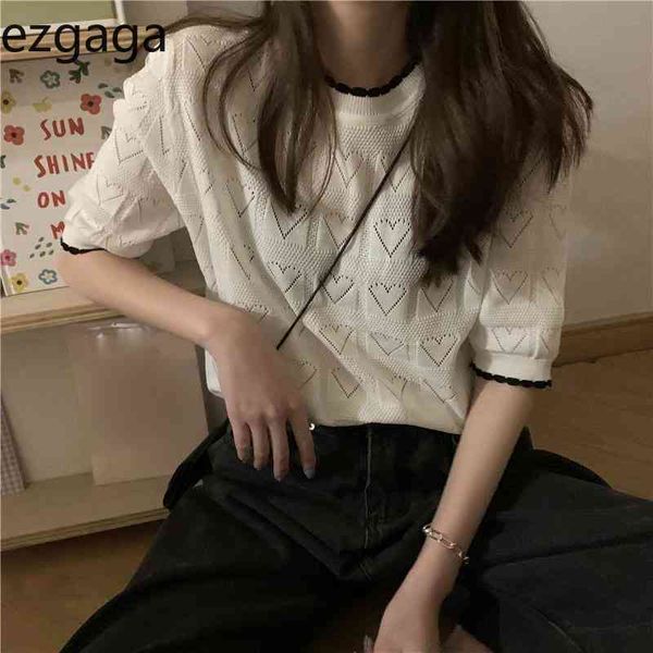 

ezgaga patchwork knit t shirts women heart summer short sleeve loose korean fashion all-match sweet girl tshirts casual 210430, White