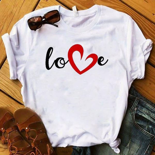 

love heart printed women t shirt short sleeve o neck loose tee ladies clothes graphic, White