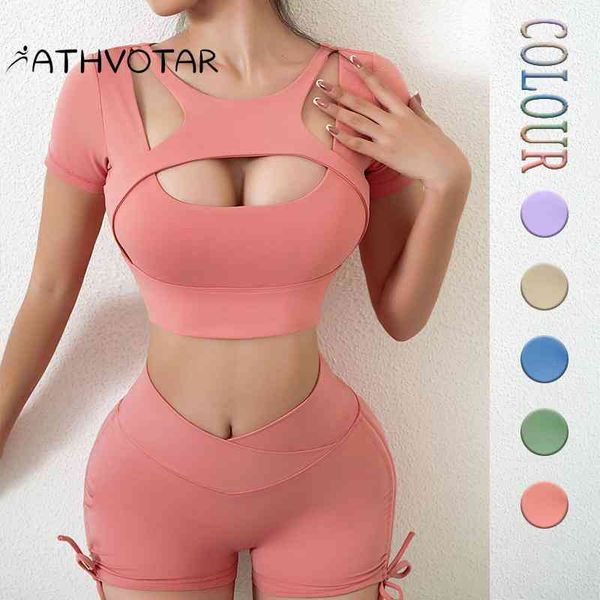 

athvoto - hollow yoga t-shirt, women's sports suit, gymnastics shorts, shorts with training rope, 2 piec., Gray